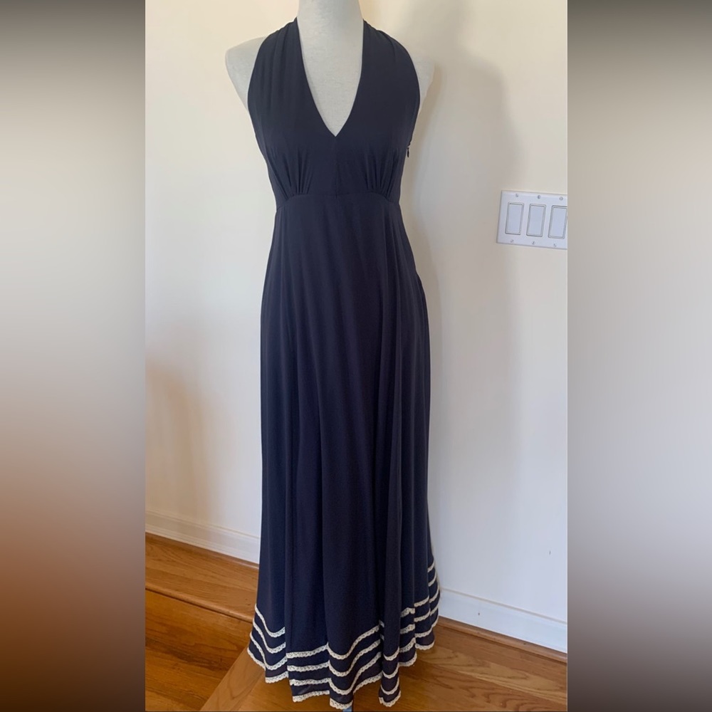 CANDELA Arna Silk Maxi Dress Navy Halter Style Gold Lacy Trim Empire Seam Size M